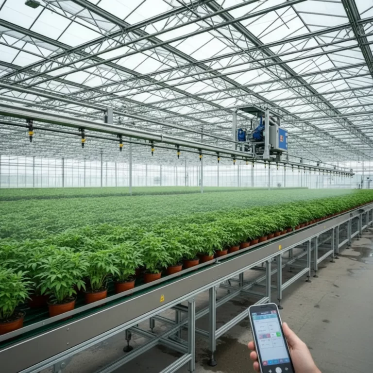 Precision irrigation boom spraying water uniformly over dense green plants in a commercial greenhouse.