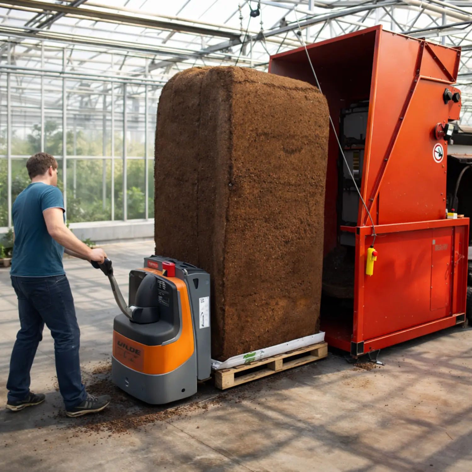 Worker loading a large compressed growing substrate bale into a bale breaker inside an industrial greenhouse.