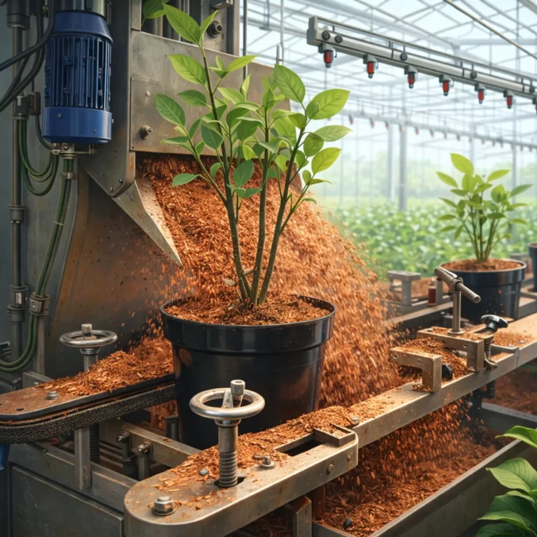 Automated bark topper filling pots with bark mulch around growing plants.