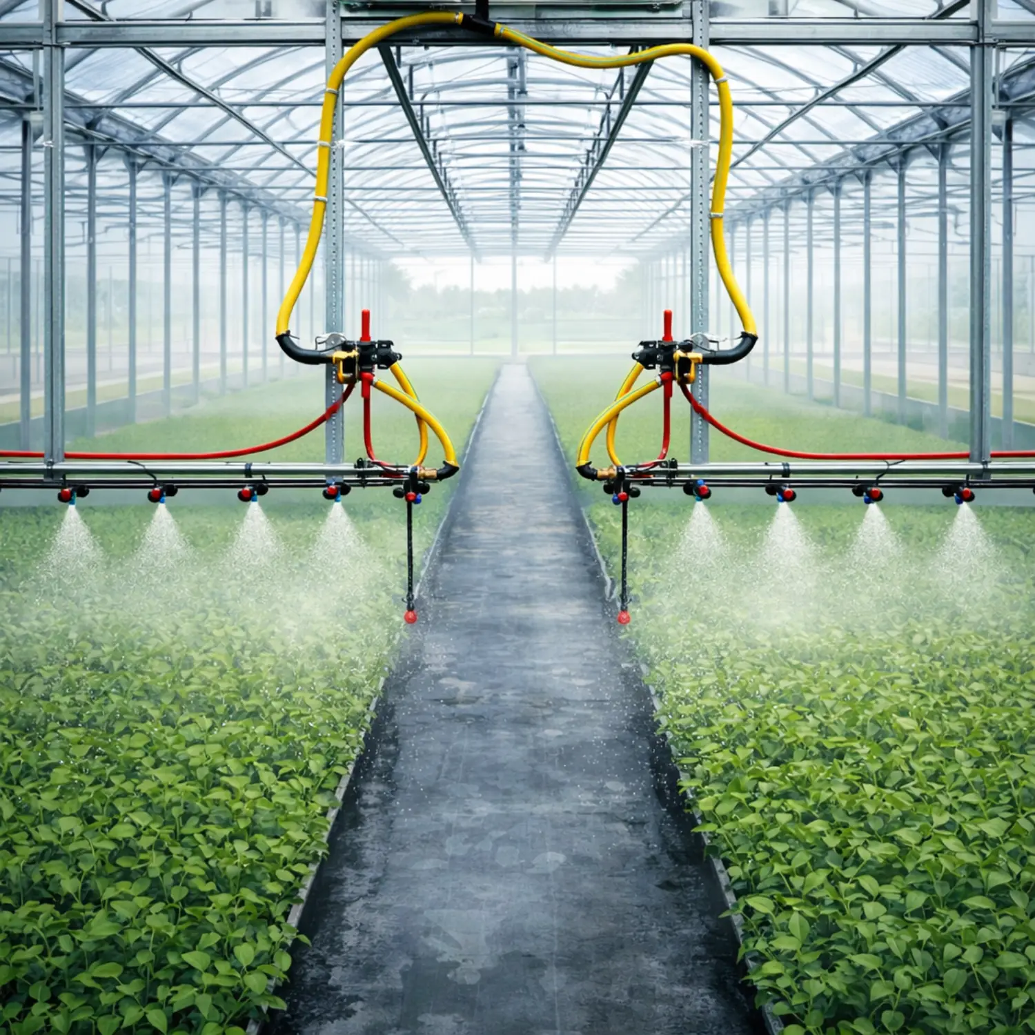 Overhead irrigation boom system distributing water evenly across crops inside a modern industrial greenhouse.