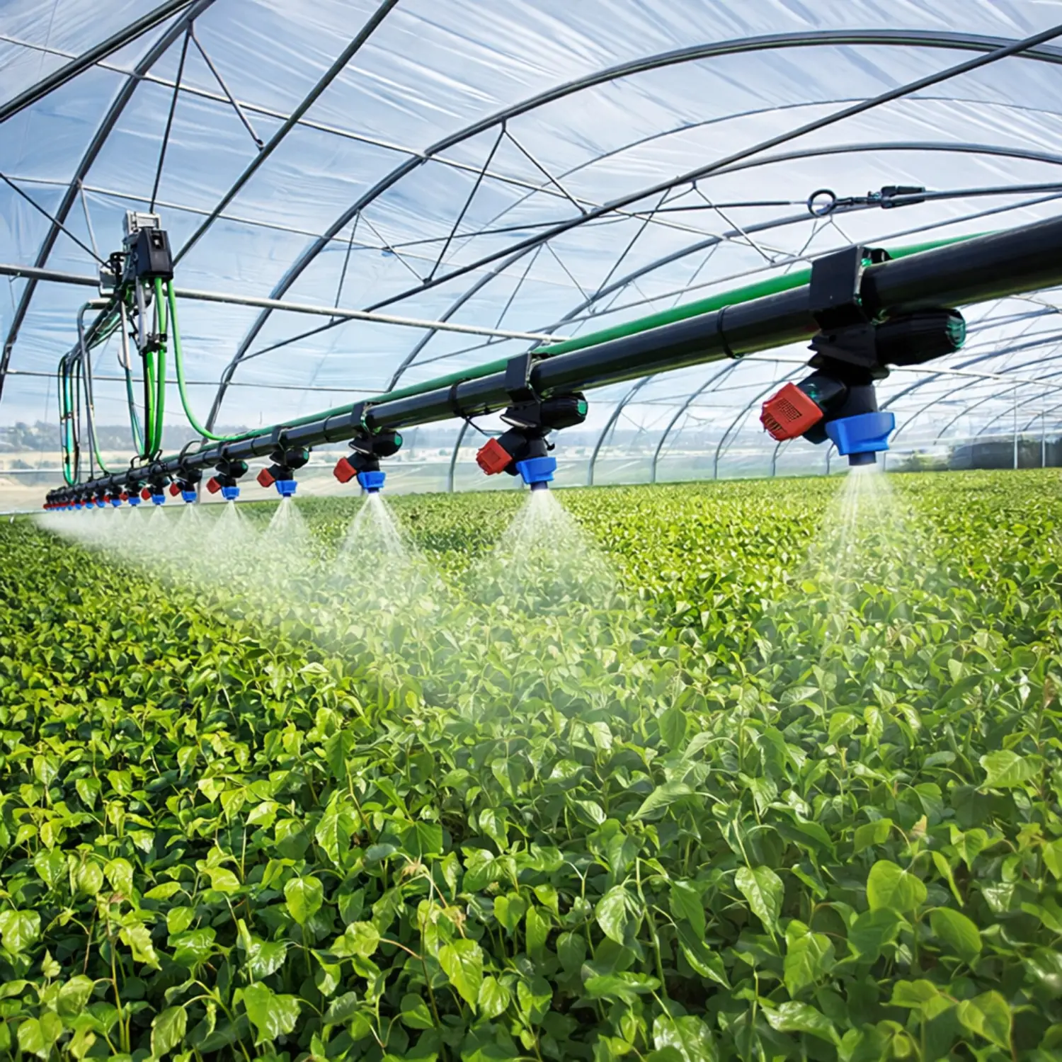 Industrial greenhouse irrigation boom system designed for efficient and consistent crop watering.