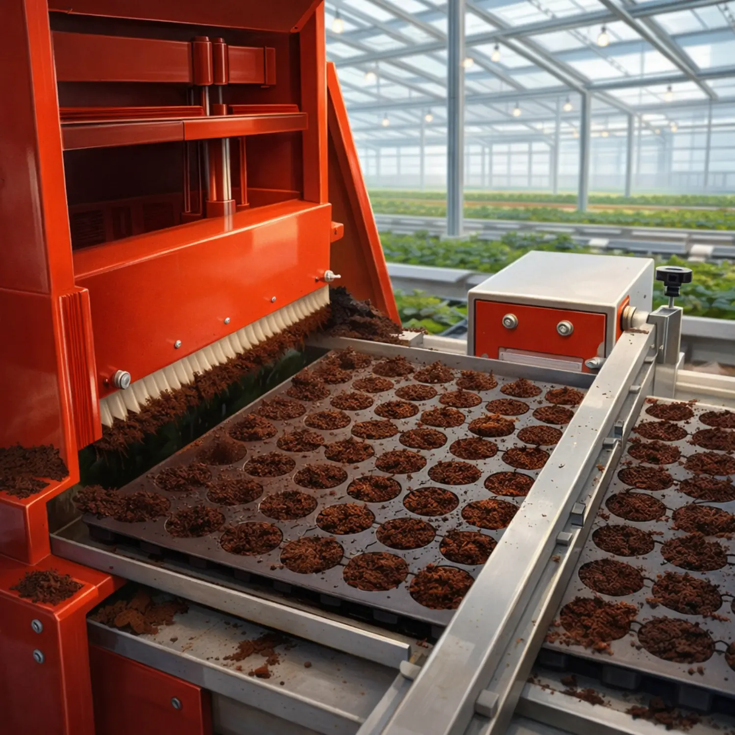 Up-close view of a seedling line roller shaping soil in trays inside an industrial greenhouse.