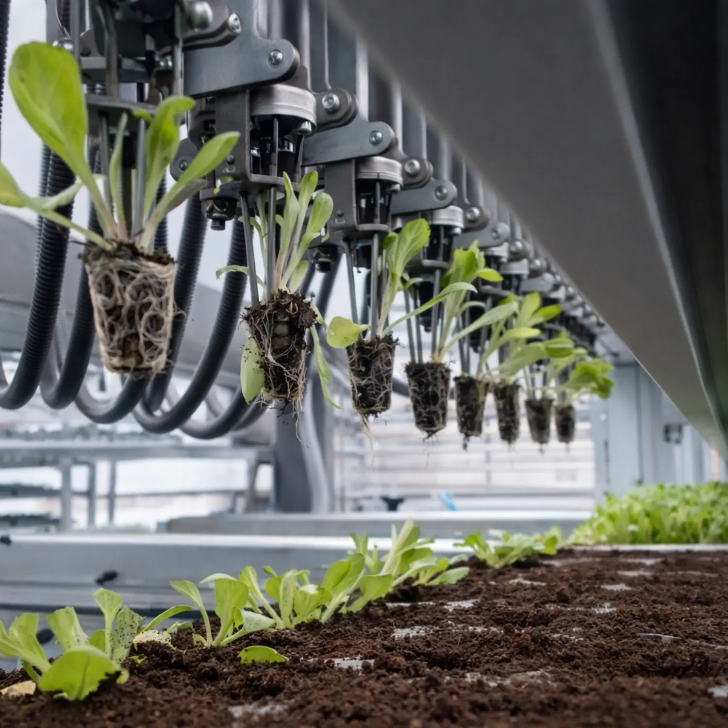 Detailed view of transplanter grippers handling seedlings during the transplanting process