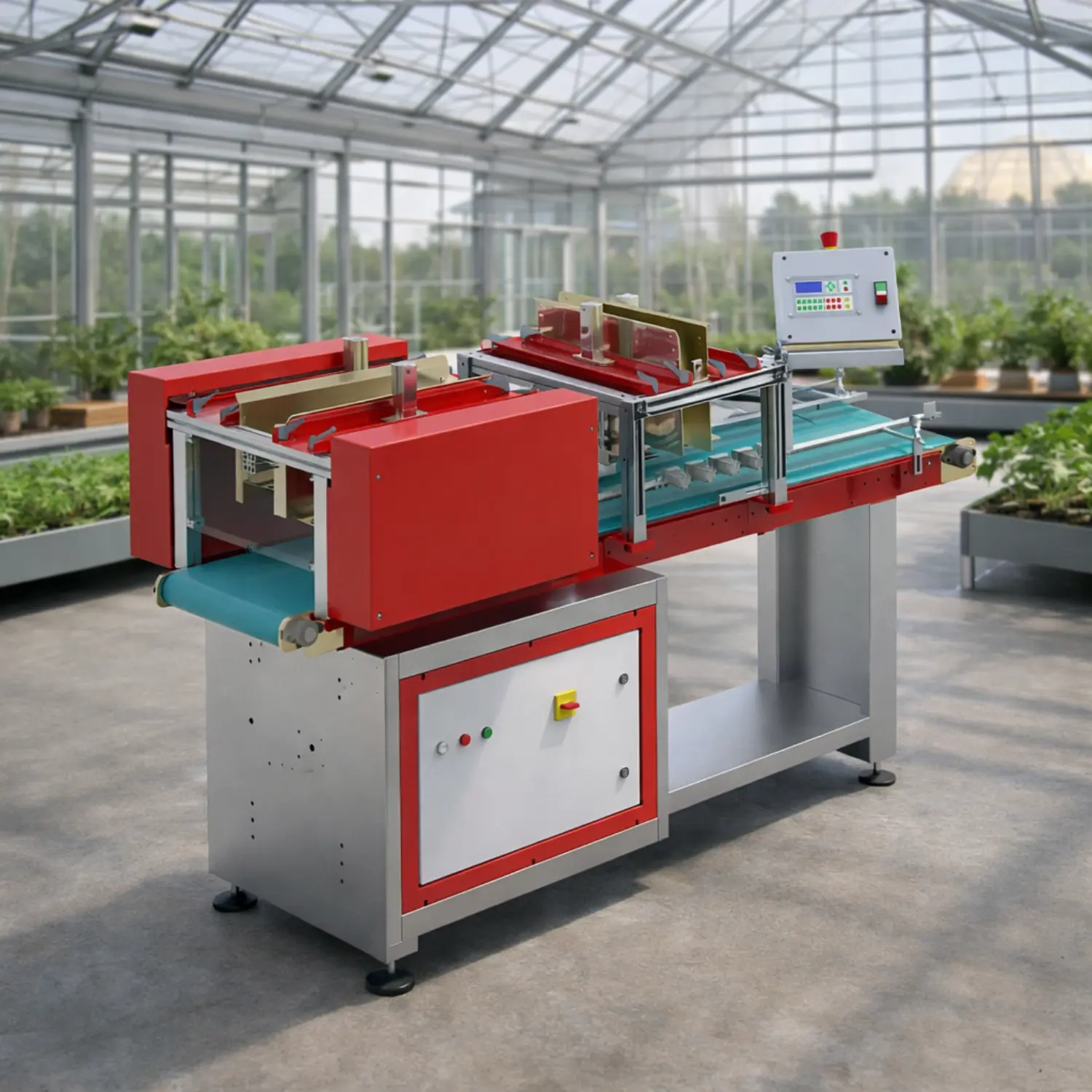 Tray destacker machine installed inside a modern industrial greenhouse, part of an automated plant handling system.