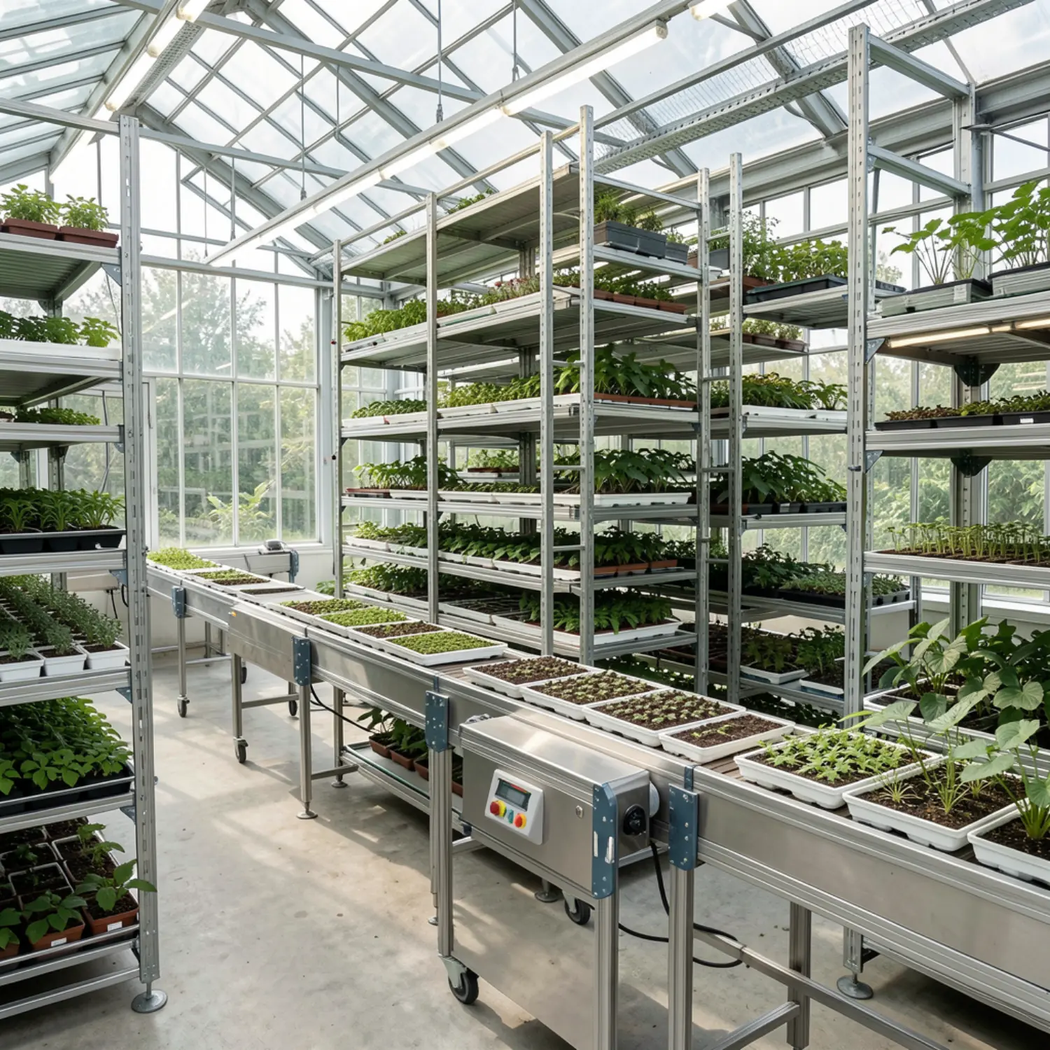 Automated vertical farming equipment operating inside a commercial industrial greenhouse