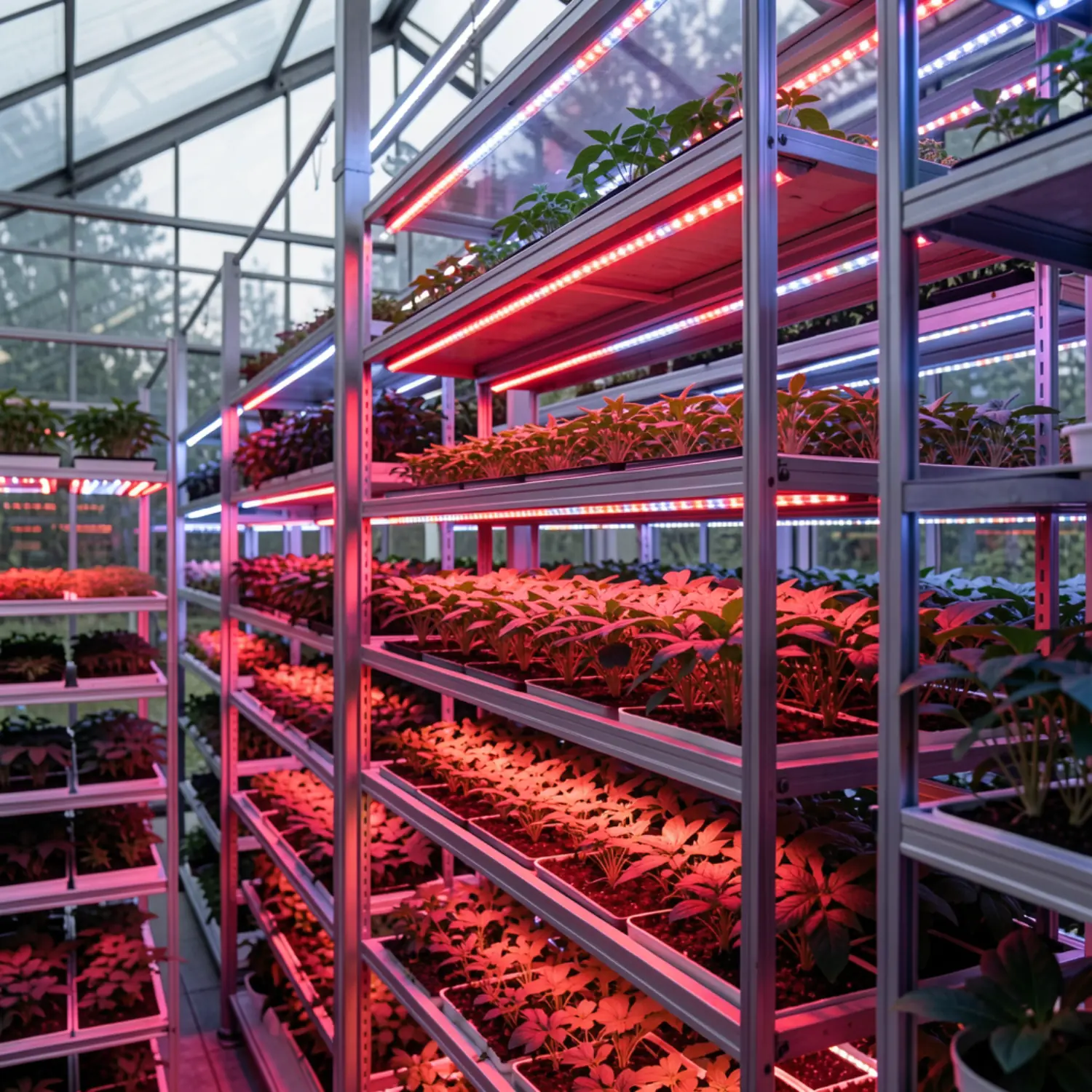 Vertical farming installation in an industrial greenhouse illuminated with red and blue LED grow lights