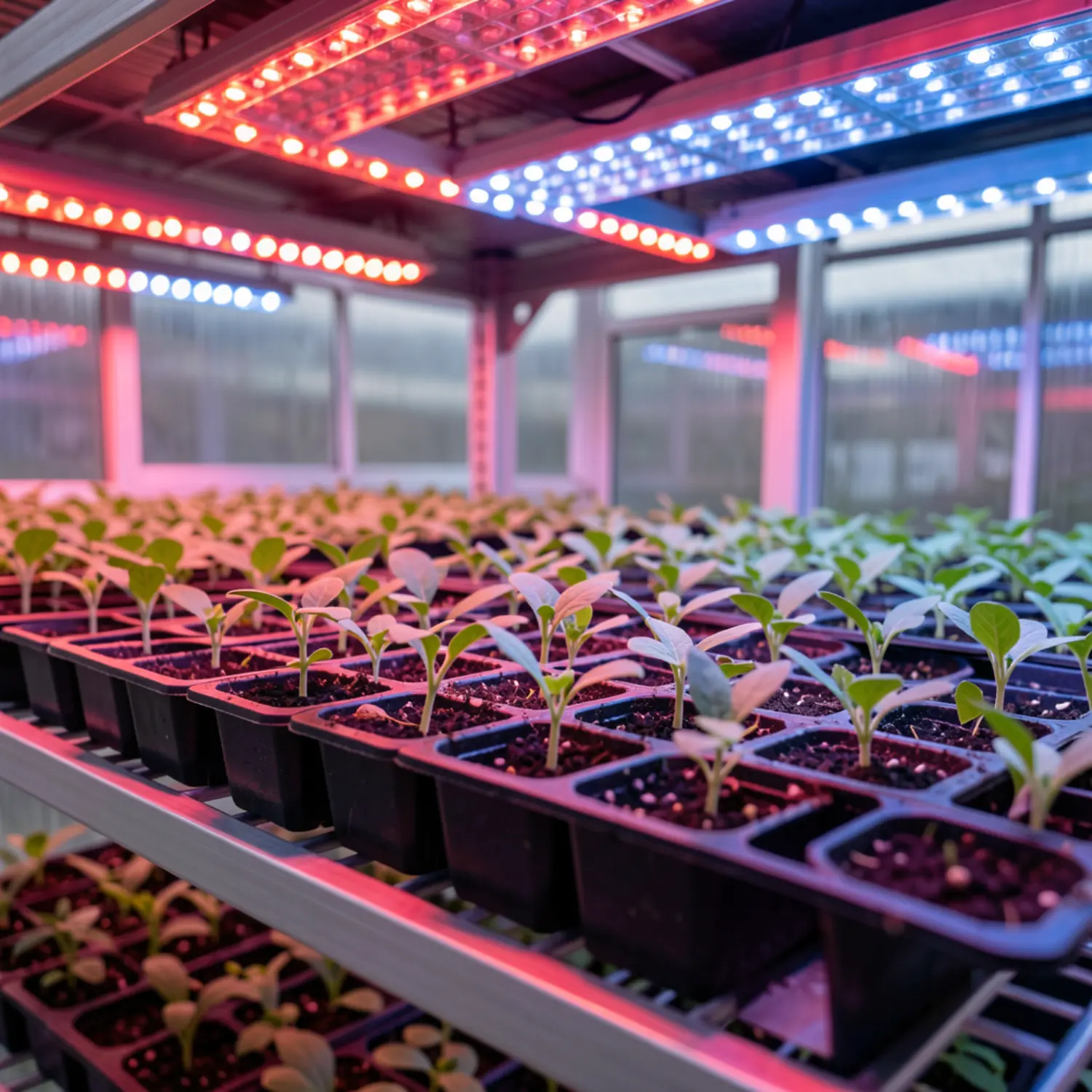 Close-up of vertical farming shelves in an industrial greenhouse under red and blue LED lighting